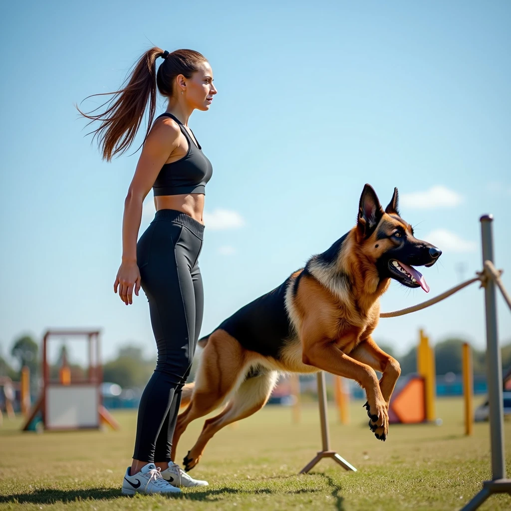 a beautiful woman facing forward training her German Shepherd dog , leaping into the air , in the background a dog training facility,