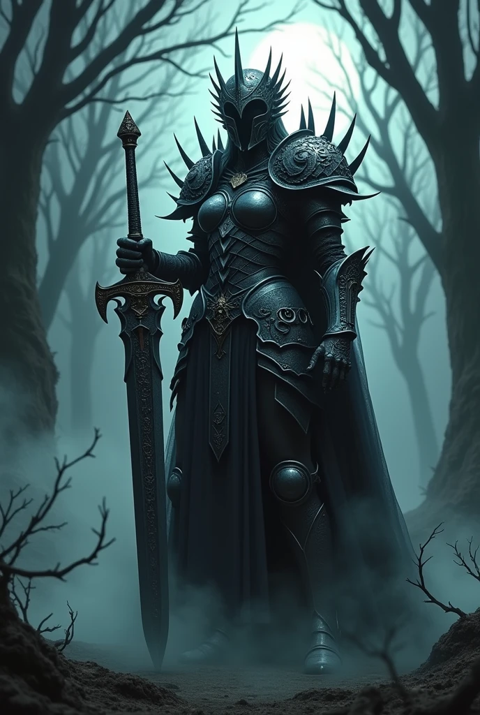 Make a woman who wears death knight armor, she also has a helmet that hides her face, a detailed helmet, in her hands she holds a sword