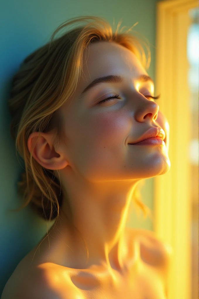 Face front and tilted upwards, young woman, angelic, tender, innocent, female, beautiful and delicate, yellow lighting and blue shadows, the face is front and tilted as if wanting to look up, dark blonde hair, White skin, closed eyes, expression of peace, and happiness very saturated colors