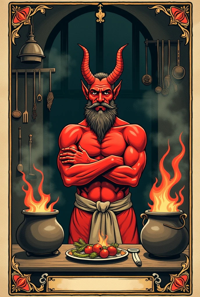 Vintage tarot card illustration with few colors, inside it has a red devil dressed as a chef with horns and beard, an Italian businessman appearance with white skin, crossed arms and surrounded by fire, with a knowing and arrogant look in a very mystical kitchen from the old years.