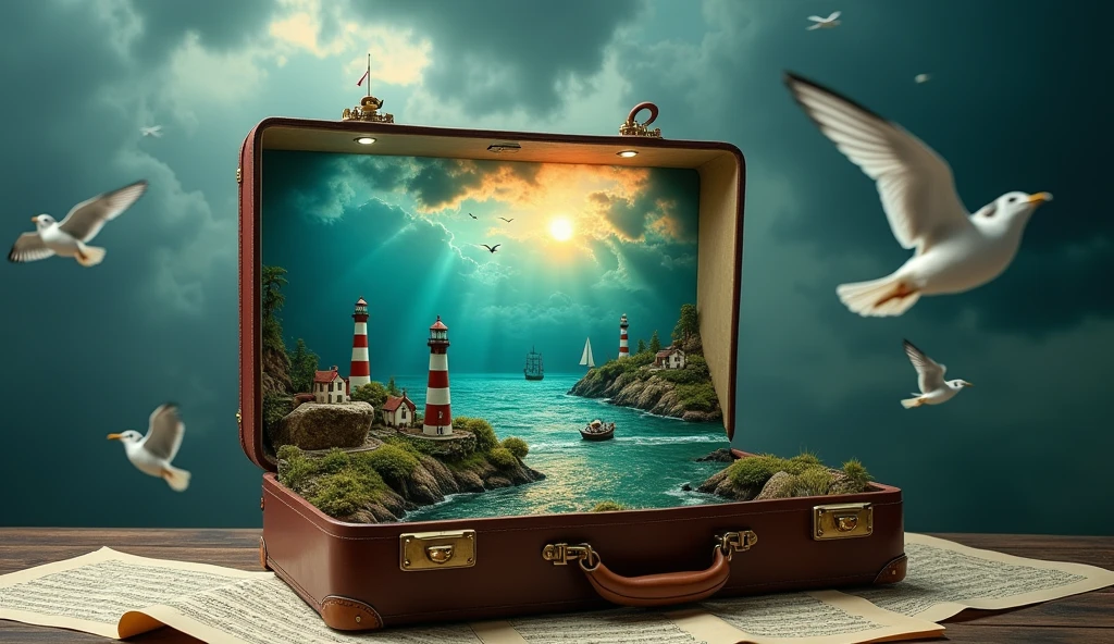 (Surreal photography:1.4) of a miniature seascape, with lighthouses and sailing ship, inside an open vintage suitcase, (underwater scene visible:1.3), dramatic clouds and seagulls, centered composition, on a table with sheet music, moody lighting, shot from a slight high angle, on a Canon EOS R5 with a 24-70mm f/2.8 lens at f/8, (high dynamic range:1.3), (teal and orange color grading:1.2), in the style of (Erik Johansson:1.4) and (Vladimir Kush:1.3)
