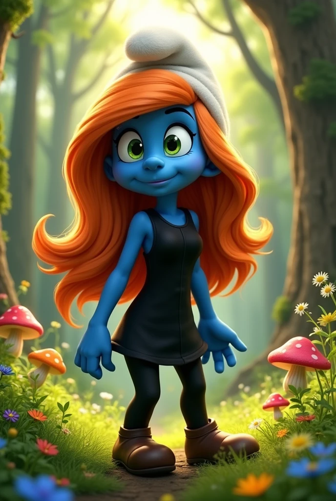 An adult Smurfette with green eyes and orange hair, wearing an all-black outfit