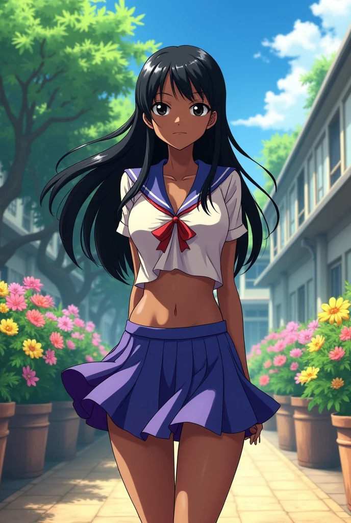 Nico Robin de One Piece, a beautiful black-haired brunette with chocolate skin, with big breasts and a big ass, wearing a school uniform with a short skirt, highlighting purple panties