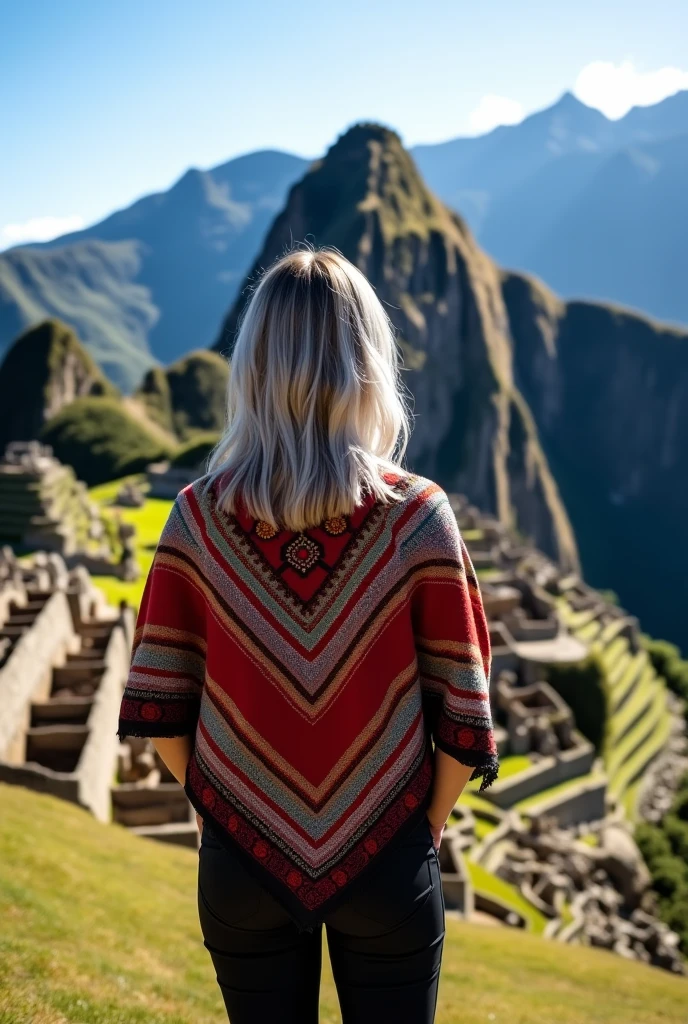 I want a thirty-year-old girl with cold balagyage looking at Machu Picchu with black pants and a poncho