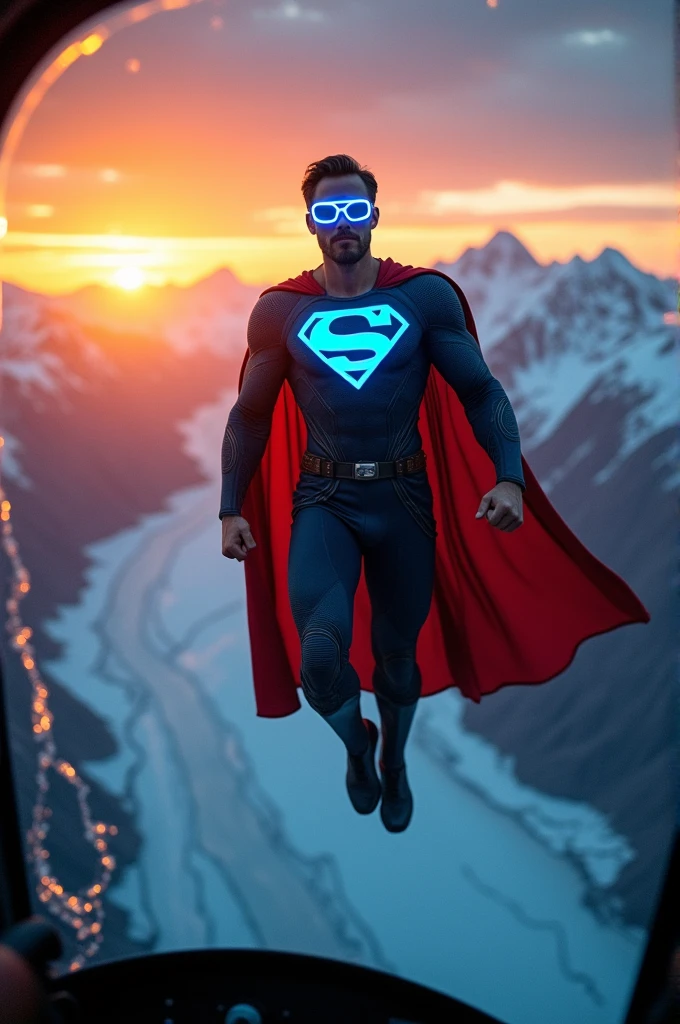 Design a superhero flying over Alaska with blue LED glasses, posing in the air like a liberator
The scenery is cold and there is a sunset, There are rays everywhere, everything is observed from a broken glass in the from the helicopter cabin