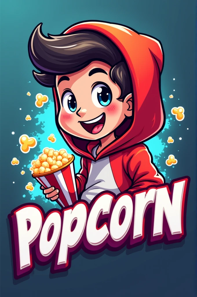 Create a mascot logo where the mascot is a gamer boy wearing a red and white hoodie with a popcorn design and underneath the letters of "popcorn"