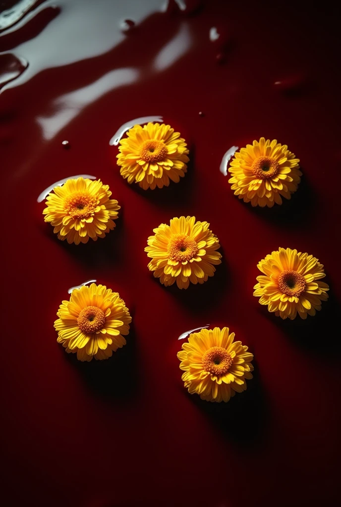 Seven yellow marigolds, Flowers only, at a distance from each other on the surface of a pool of blood. 
