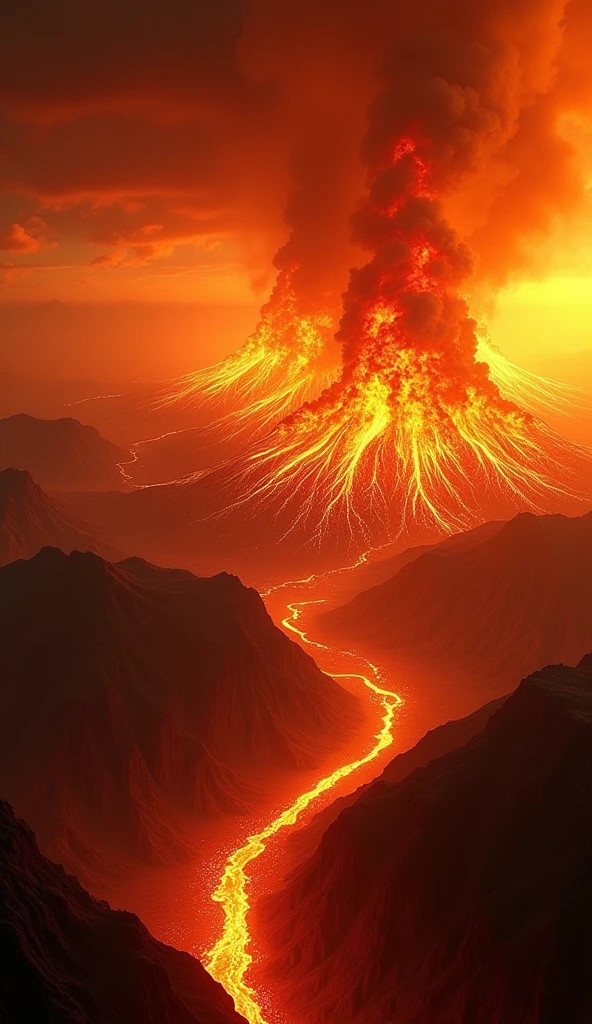 A panoramic view of the Earth consumed by intense flames, with fire spreading across continents and oceans. The land is scorched, and towering infernos rise into the sky, engulfing everything in their path. The atmosphere glows a fiery red, with smoke and embers filling the air. The scene captures the raw power of the fire as it sweeps across the planet, reducing mountains, forests, and cities to ash. The ground cracks open, with molten lava seeping through, symbolizing the planet's final cleansing and the overwhelming force of divine wrath.