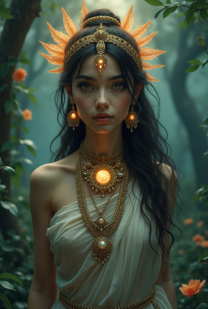 (photorealism:1.2), A mystical and ethereal depiction of a Goddess, a divine feminine figure from Hindu mythology. She should have captivating, large, and expressive eyes that radiate both beauty and mystery. Her eyes are the focal point, glowing softly with a magical aura. Her gaze is enchanting and mesmerizing, drawing viewers into a world of ancient secrets. She is adorned in flowing, traditional Indian attire with delicate jewelry that enhances her divine presence. The background is a twilight forest with subtle, dreamy lighting that highlights her otherworldly charm, making her appear both alluring and slightly ominous, by Greg Rutkowski, by Alphonse Mucha