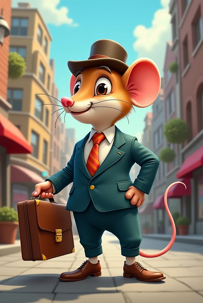 A humorous cartoon of a small mouse wearing a suit and human clothes, carrying a brown briefcase and shoes, built and wearing a hat. 