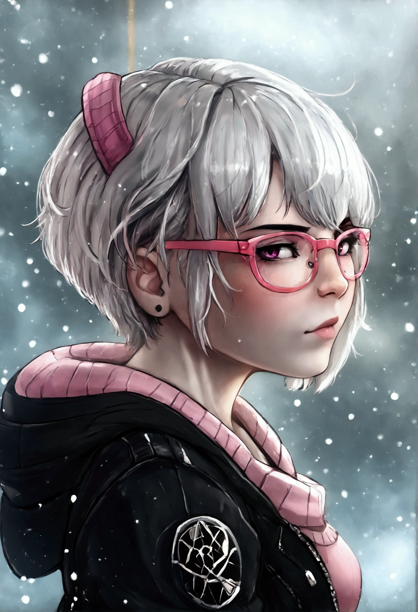 (Best quality)) ((best detail)) ((high quality background)) white short hair, white pale skin, pink glasses with black frames, , a jacket wide open