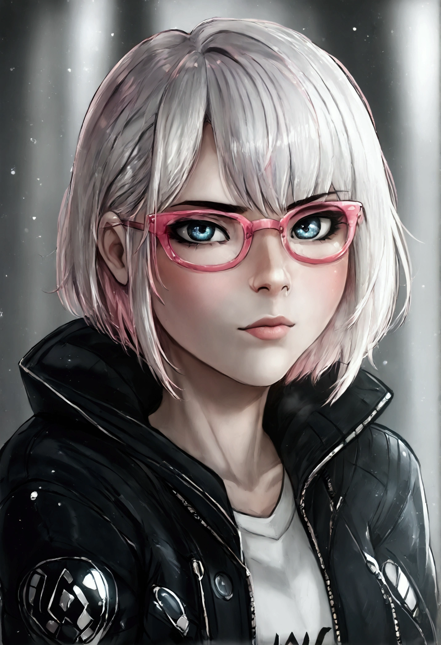 (Best quality)) ((best detail)) ((high quality background)) white short hair, white pale skin, pink glasses with black frames, , a jacket wide open