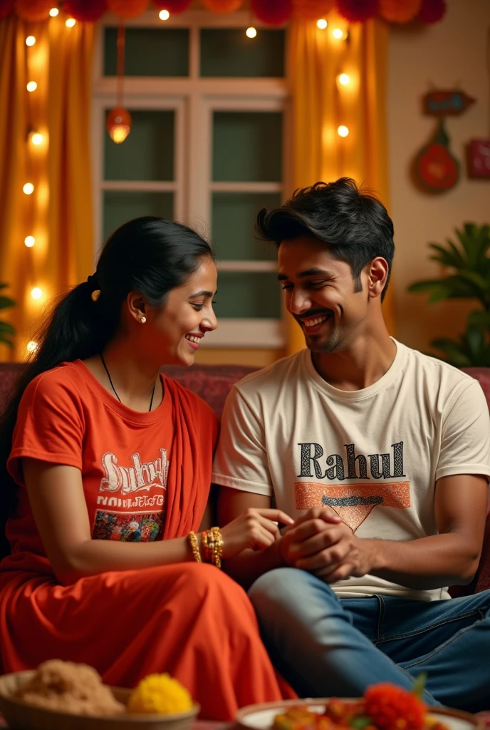 A 23-year-old girl named Shubhangi, wearing a t-shirt with her name 'Shubhangi' printed on it, is tying a rakhi on the wrist of a 19-year-old boy named Rahul, who is wearing a t-shirt with his name 'Rahul' printed on it. They are sitting together in a cozy, traditional Indian living room decorated for Raksha Bandhan. The scene is warm and festive, capturing the loving and celebratory spirit of Raksha Bandhan."