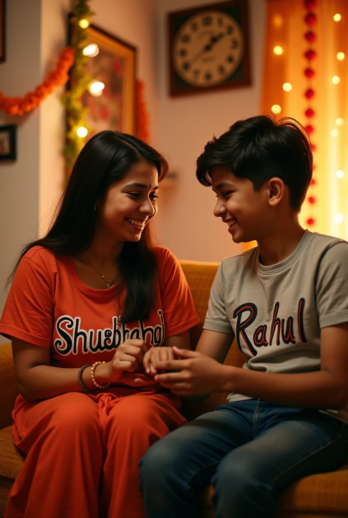 A 23-year-old girl named Shubhangi, wearing a t-shirt with her name 'Shubhangi' printed on it, is tying a rakhi on the wrist of a 19-year-old boy named Rahul, who is wearing a t-shirt with his name 'Rahul' printed on it. They are sitting together in a cozy, traditional Indian living room decorated for Raksha Bandhan. The scene is warm and festive, capturing the loving and celebratory spirit of Raksha Bandhan."