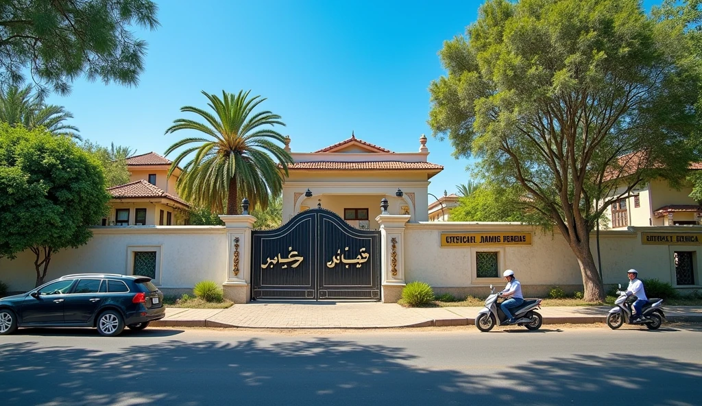 A realistic photograph taken from a mobile camera showing the exterior of an office building that resembles a bungalow, located on a street in Peshawar, Pakistan. The building is partially visible behind a boundary wall with a large gate. The office name board is mounted on the right side of the gate, attached to the wall, and the board displays the office name clearly in both English and Urdu. The road in front of the building is visible, with a few cars and motorcycles parked nearby. The setting includes typical Peshawar architecture, with greenery and some trees along the roadside. The sky is clear, with bright daylight illuminating the scene.