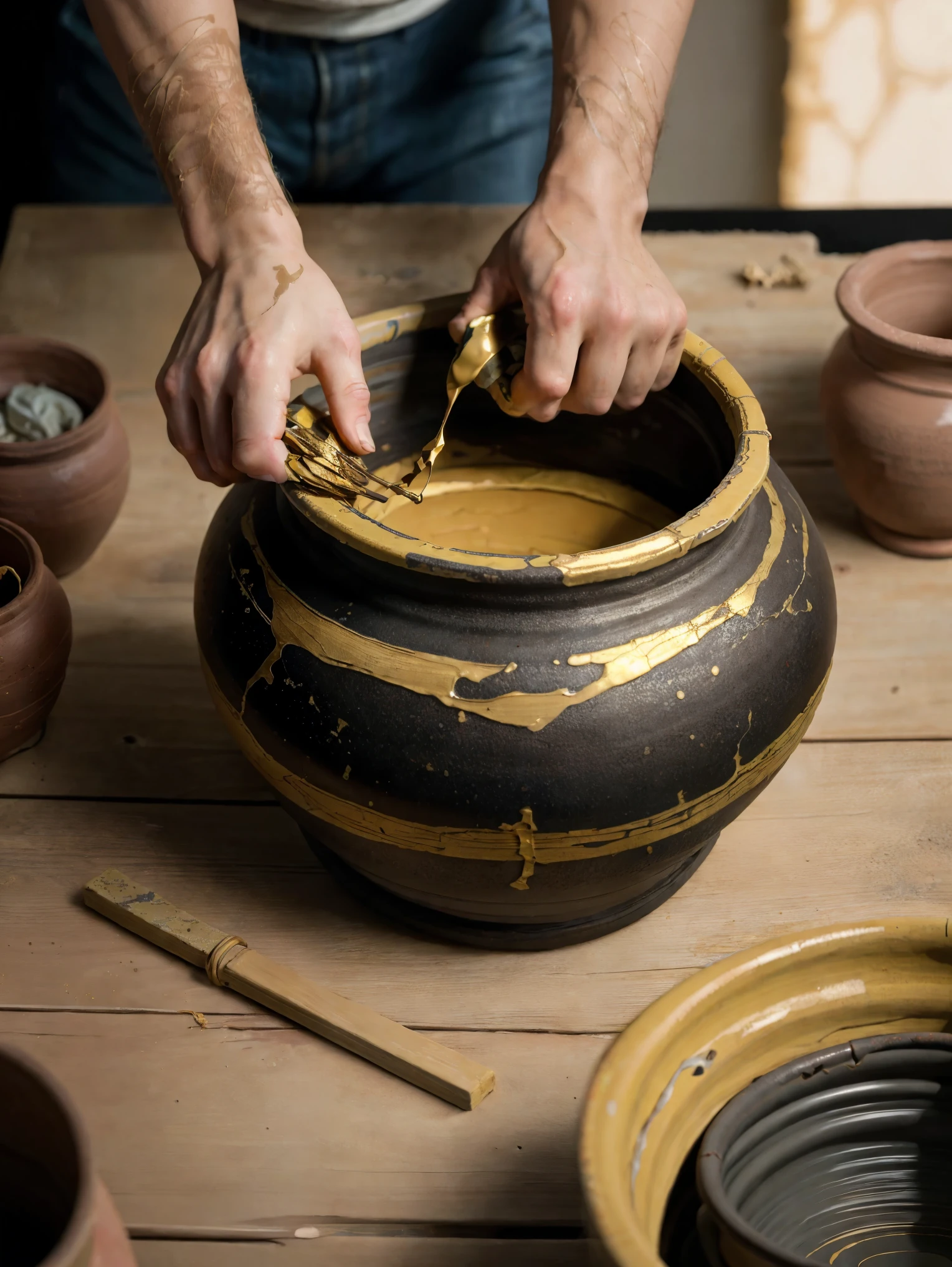 "A macro-shot close-up of a pair of hands from a cyborg/android male, repairing a kintsugi artwork clay pot with liquid gold in a pottery workshop, surrounded by items mixed with clay and hi-tech equipment, hyperrealistic, highly detailed, 8k, cinematic lighting, warm color tones, masterpiece".