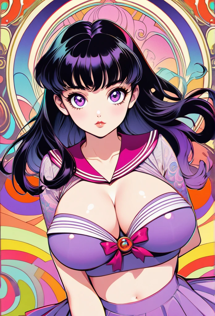 thick sailor mars, black hair, purple highlights, purple eyes, arms at sides, kawaii, cute overload, 60s psychedelic anime style, funky, trippy, playful, pastel color palette, art nouveau, art deco, pop art, absurdres, highres, ultra detailed, big tits, cleavage, realistic depiction