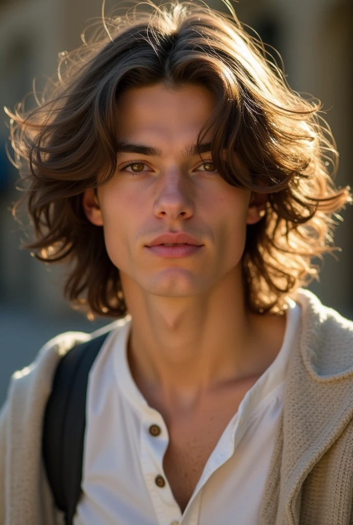 Man of approximately 25 years of age, pale skin, brown eyes, somewhat long and slightly curly brown hair, thin nose
