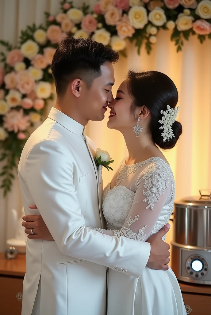 A real photo of a young Indonesian man wearing traditional Indonesian wedding attire all white. was hugging and kissing next to him, the automatic rice cooker had a button and a modern white light. Indonesian wedding scene Ultra-realistic 8K photograph, shot with a Leica Q2, strong color contrast and sharp clarity --ar 9:16 --quality 2 --