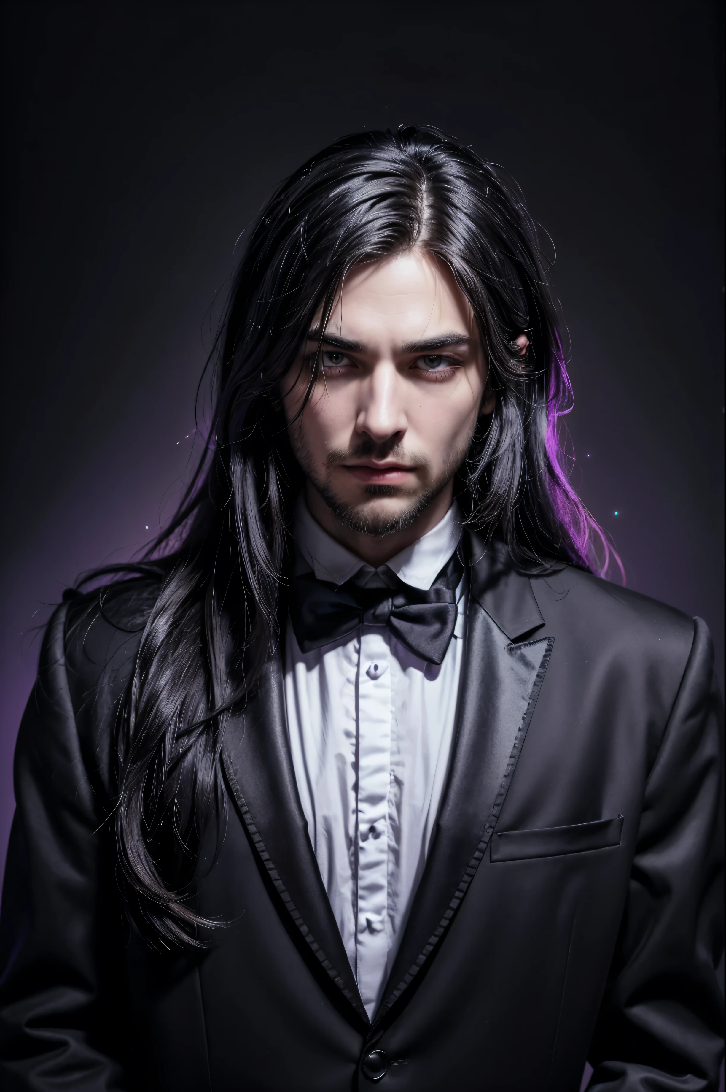 black background, in the center a prominent chin and brutish features man character with long white dreadlock hair, soft strokes, no beard thick bleueyes, expressive and sarcastic look wearing a tailcoat with a sparkling glowing violet gamma cross on the chest , a violet sign in gothic style ((minimaliost)) ((4k)) ((hyperealistic)) him face is like kurt cobain