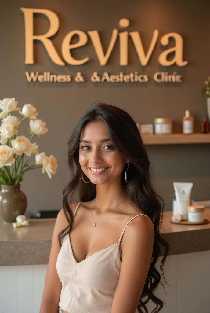 Create an image with an indian girl face in a clinic with the name Reviva Wellness and Aesthetics Clinic and the tag line
'Your one stop clinic for skin and body care'
Contact for more information