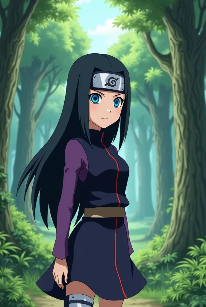 Screenshot, naruto anime style, A girl, medium height, blue eyes, long black hair loose, no bangs, purple and black ninja clothing, In a forest