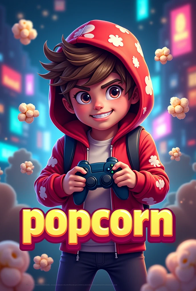 Create a mascot logo where the mascot is a gamer boy wearing a red and white hoodie with a popcorn design and underneath the letters of "popcorn"