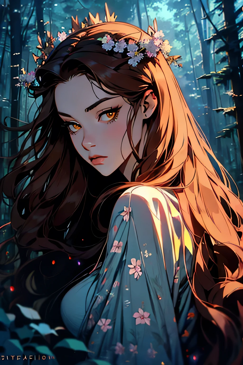 hyper-realistic of a mysterious woman with flowing dark hair, piercing yellow eyes, and a delicate floral crown, backwards, looking back, upper body, (forest)