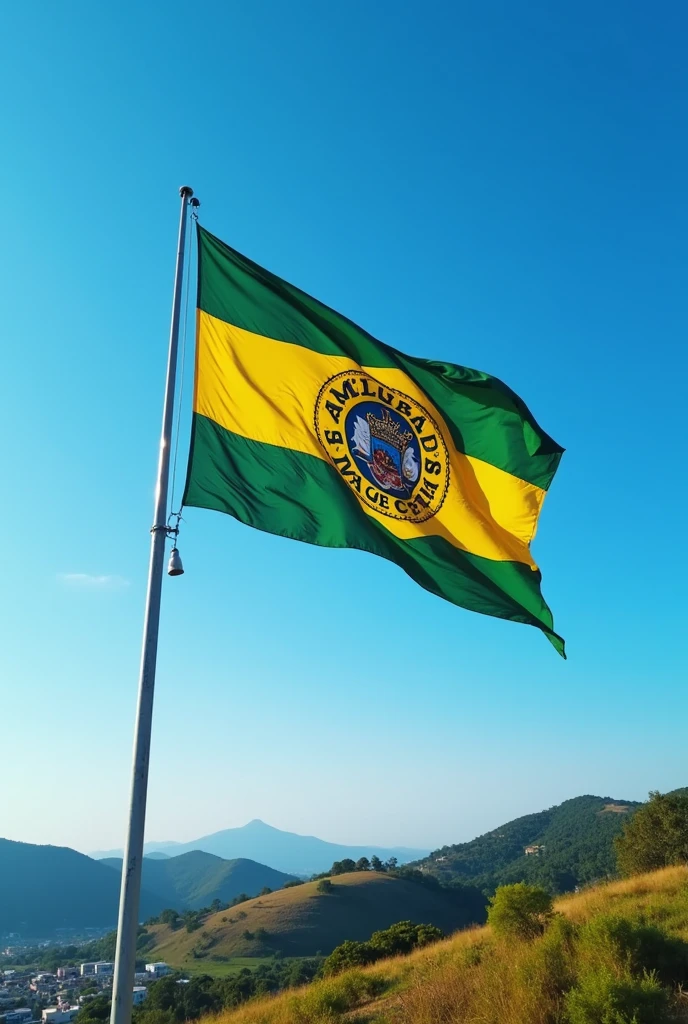 Create an image of the flag of the city of Camaçari, Hasteada against a blue sky in the background.