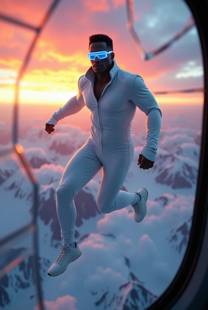 Design a superhero dressed in white, dark skin complexion flying over Alaska with blue LED glasses, posing in the air like a liberator
The scenery is cold and there is a sunset, There are rays everywhere, everything is observed from a broken glass in the from the helicopter cabin