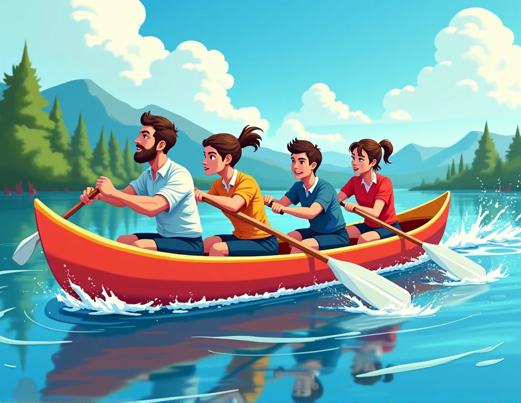 Drawing of 4 employees rowing, each one with an oar and with great effort in a canoe, side image.