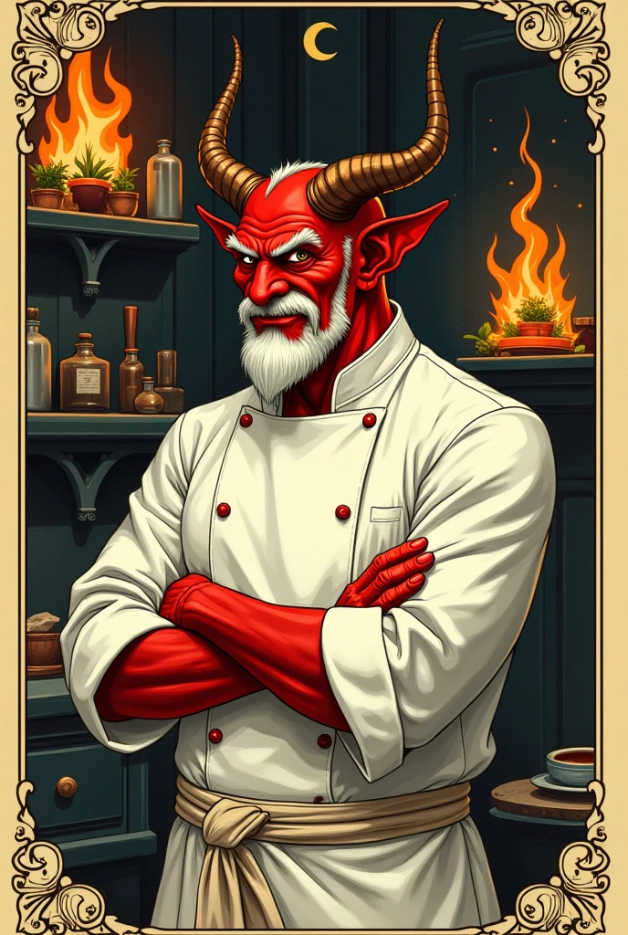 Vintage tarot card illustration with low colors. It features a red devil wearing a chef's jacket, horns, and a beard. He has the appearance of an Italian businessman with a white beard, crossed arms, and is surrounded by fire. He has a knowing and arrogant gaze and is in a very mystical kitchen from a bygone era.