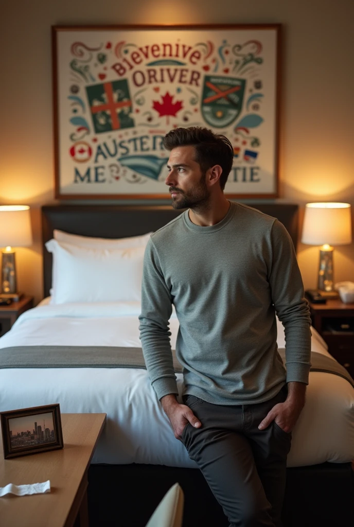 Homme caucasien grand de taille, charmant, un peu costaud, habillé en pantalon et tee-shirt manche longue, assis ou adossé sur une table dans une grande chambre d'hôtel et sur la table sur laquelle est assis ou adossé le charmant homme il faut qu'il y ait un papier mouchoir déjà utilisé sur la table et sur le lit de l'hôtel qu'il soit déposer un cadre photo grand ou moyen qu'il est possible de faire arrêter sur le lit et faire face à la caméra et sur le mur du chevet du lit un tableau sur lequel il est écrit en français : Bienvenue à Melbourne AUSTRALIE et autour de la phrase qu'il y ait les emblèmes du Canada Québec ou le drapeau du Canada Québec