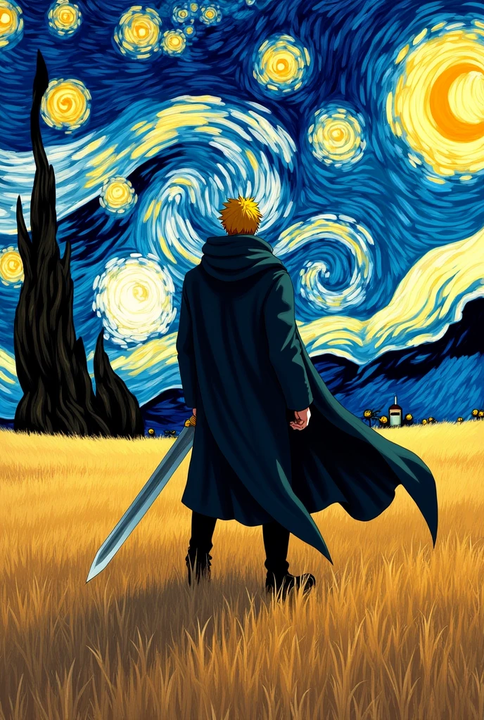Guts from berserk anime with van gough style background