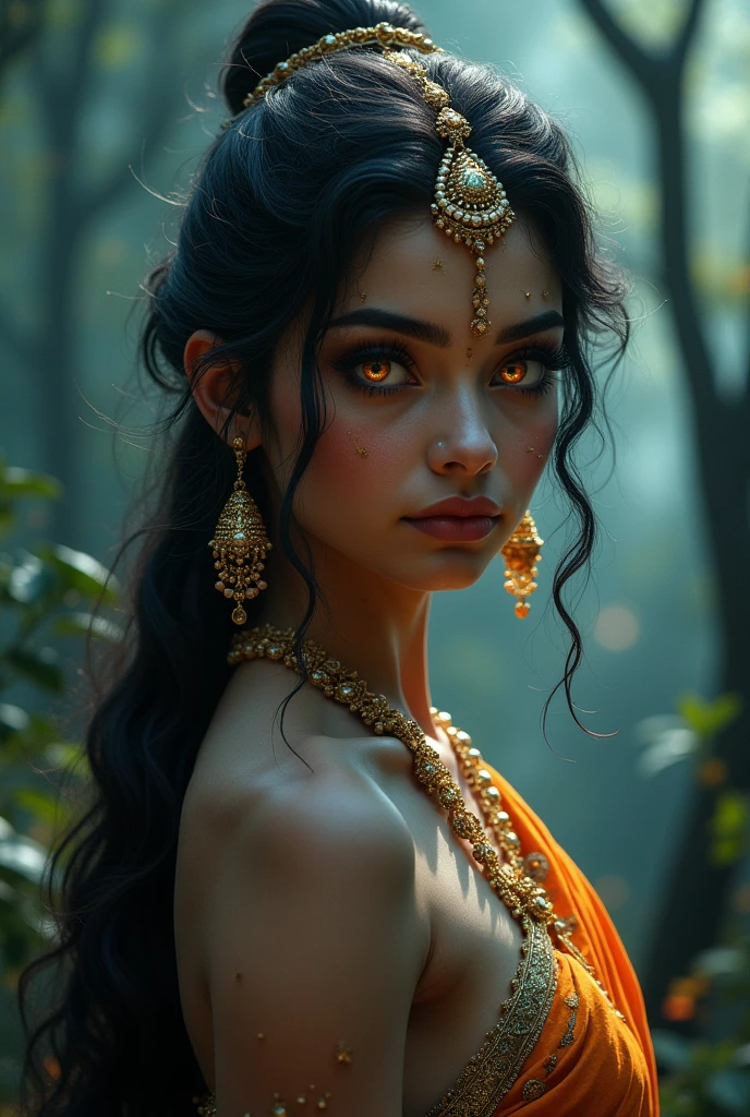 (photorealism:1.2), A close up of A mystical and ethereal depiction of a Goddess, a divine feminine figure from Hindu mythology. She should have captivating, large, and expressive eyes that radiate both beauty and mystery. Her eyes are the focal point, glowing softly with a magical aura. Her gaze is enchanting and mesmerizing, drawing viewers into a world of ancient secrets. She is adorned in flowing, traditional Indian attire with delicate jewelry that enhances her divine presence. The background is a twilight forest with subtle, dreamy lighting that highlights her otherworldly charm, making her appear both alluring and slightly ominous, by Greg Rutkowski, by Alphonse Mucha