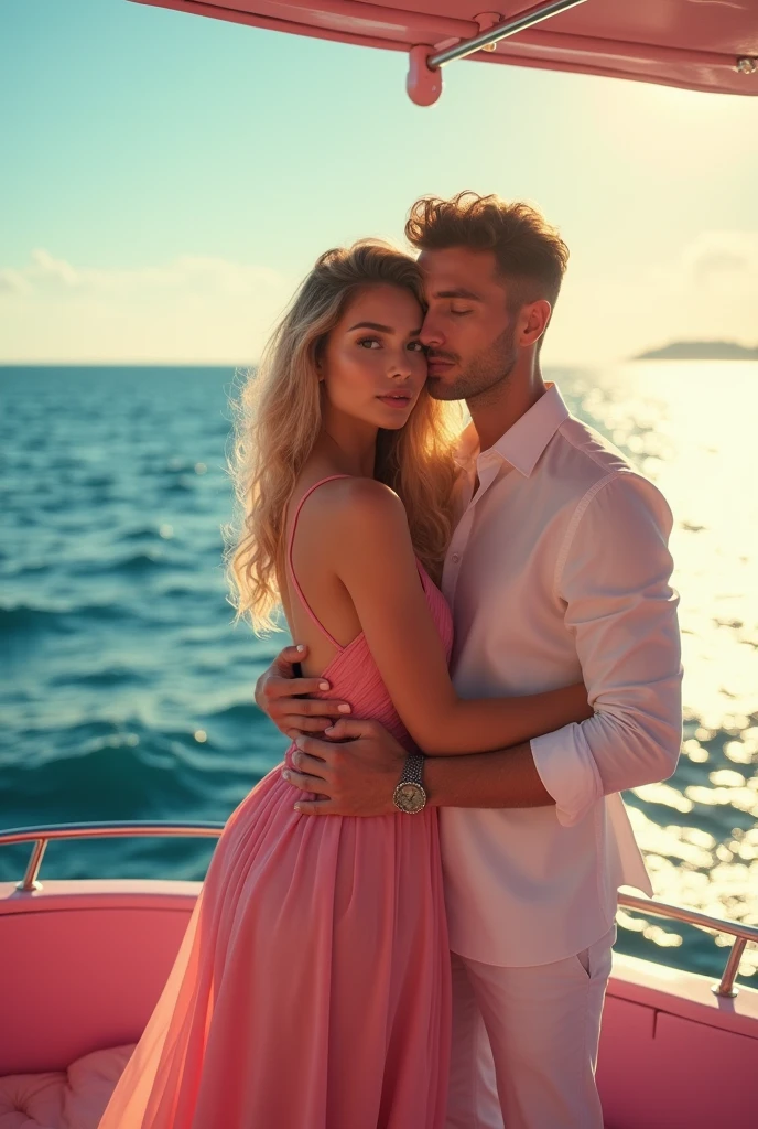 View of seeing from behind she's hug him beautiful thai asian face girl with so long blonde curly hair perfect sexy big boobs perfect big tits body long model legs stand hug his perfect taller than her handsome boyfriend from behind hold him back after argument hug him from behind on big pink luxury yacht with huge blue ocean view