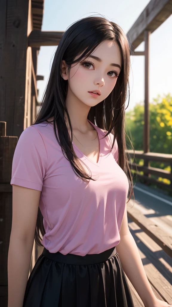 RAW, professional photograph, medium shot, photorealistic, hyper-realistic, ray tracing, super detail, UHD, 8k, female, twenty years old, goddess, athletic body, soft facial features, black hair, long hair, straight hair, black eyes, pink blouse, black skirt, old wooden bridge