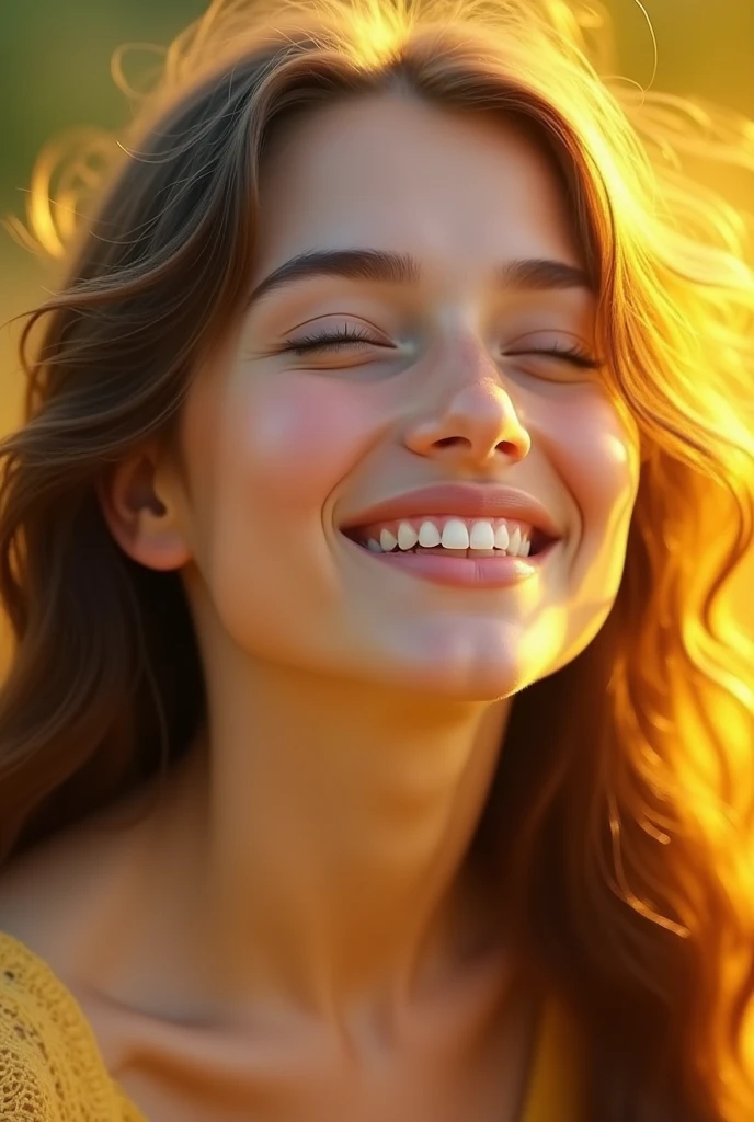 Face front and tilted upwards, young woman, angelic, tender, innocent, female, beautiful and delicate, yellow lighting and blue shadows, the face is front and tilted as if wanting to look up, dark blonde hair, White skin, closed eyes, expression of peace, and happiness very saturated colors, front face