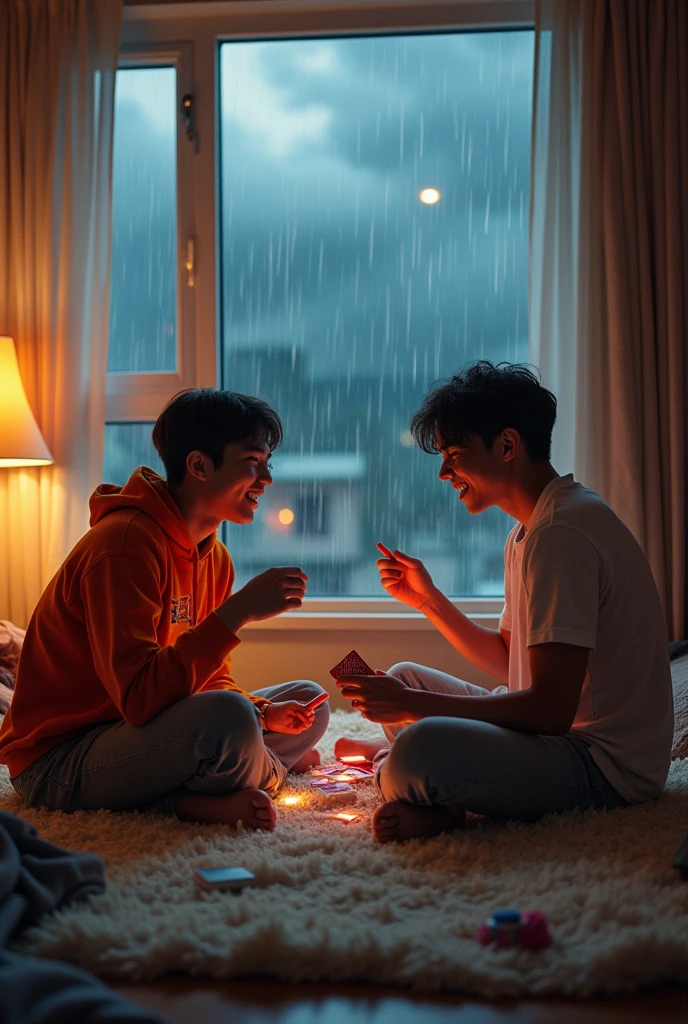 Park Jimin, Min Jung Hoseok are sitting on a bedroom rug, while playing uno during a stormy night and some of their clothes are scattered on the floor.
