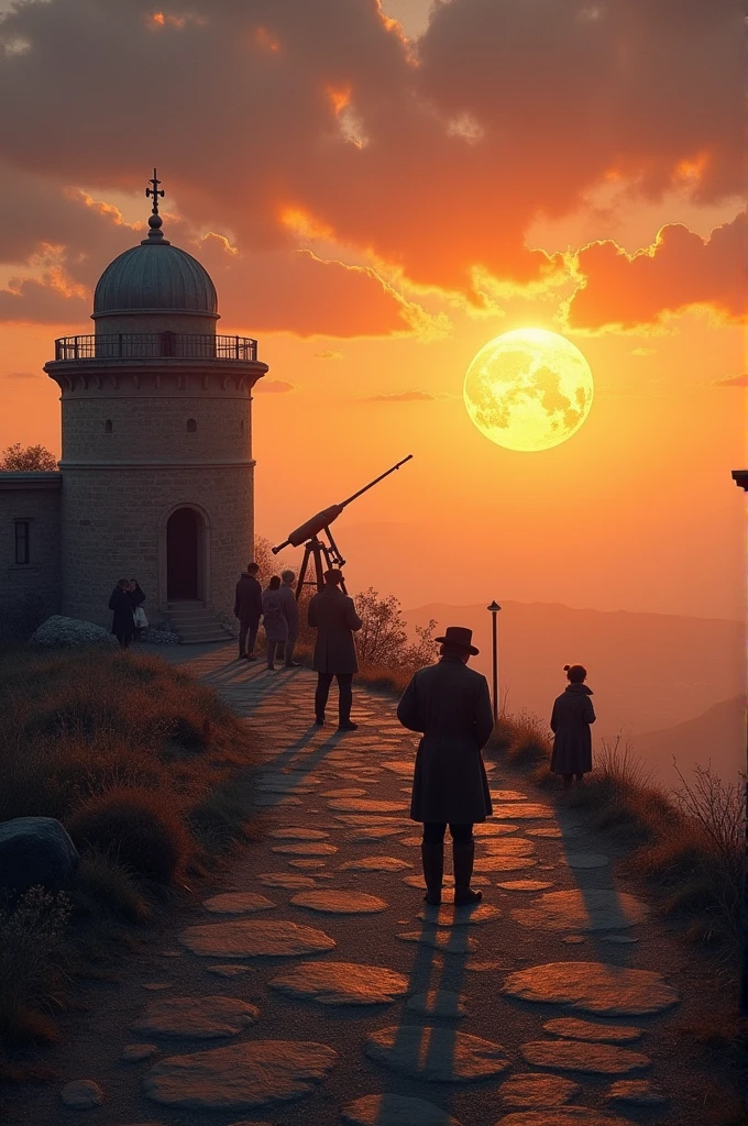 An observatory on top of a hill, at the end of the nineteenth century. Scientists with telescopes and binoculars observe the sun