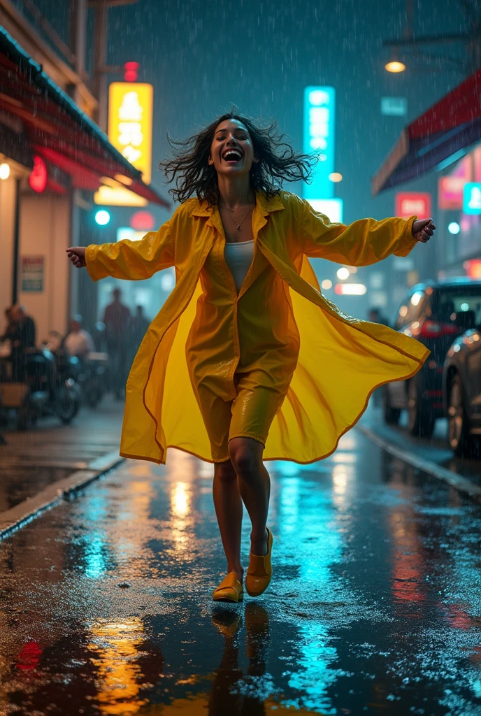 A person dancing in the rain at night, happy