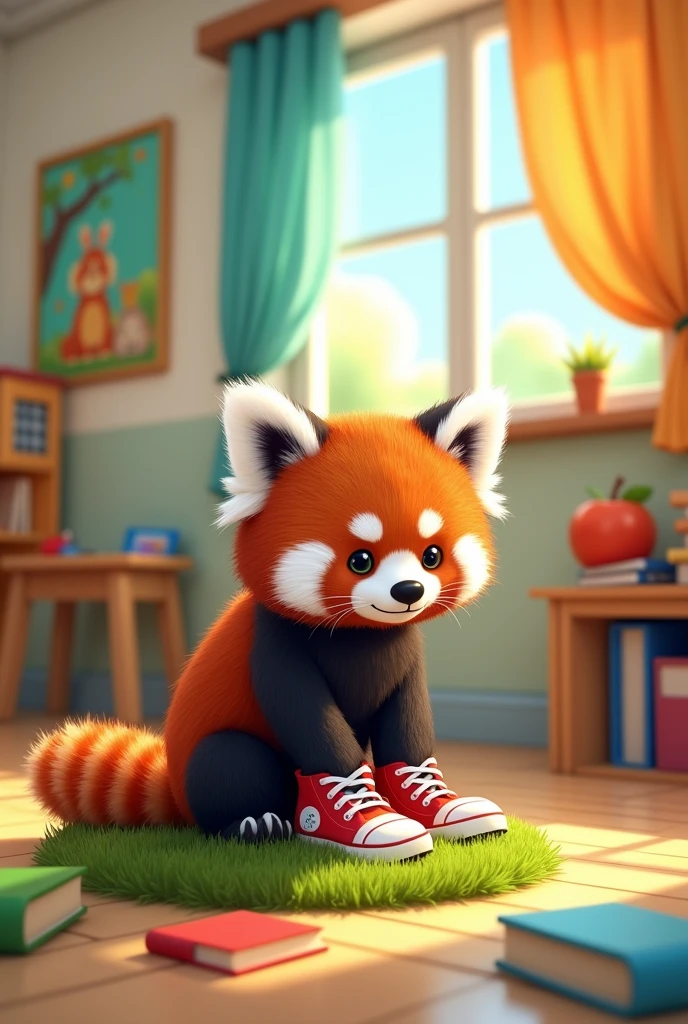 Une image de panda roux sur le theme de livre educatif pour enfants. Il apprend a faire ses lacets