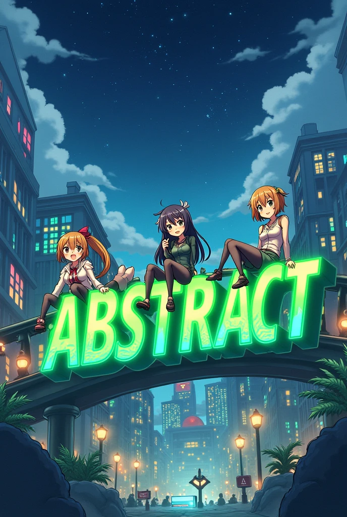 design the word ABSTRACT blockchain green with a chain in anime world with anime people sitting on the ABSTRACT logo