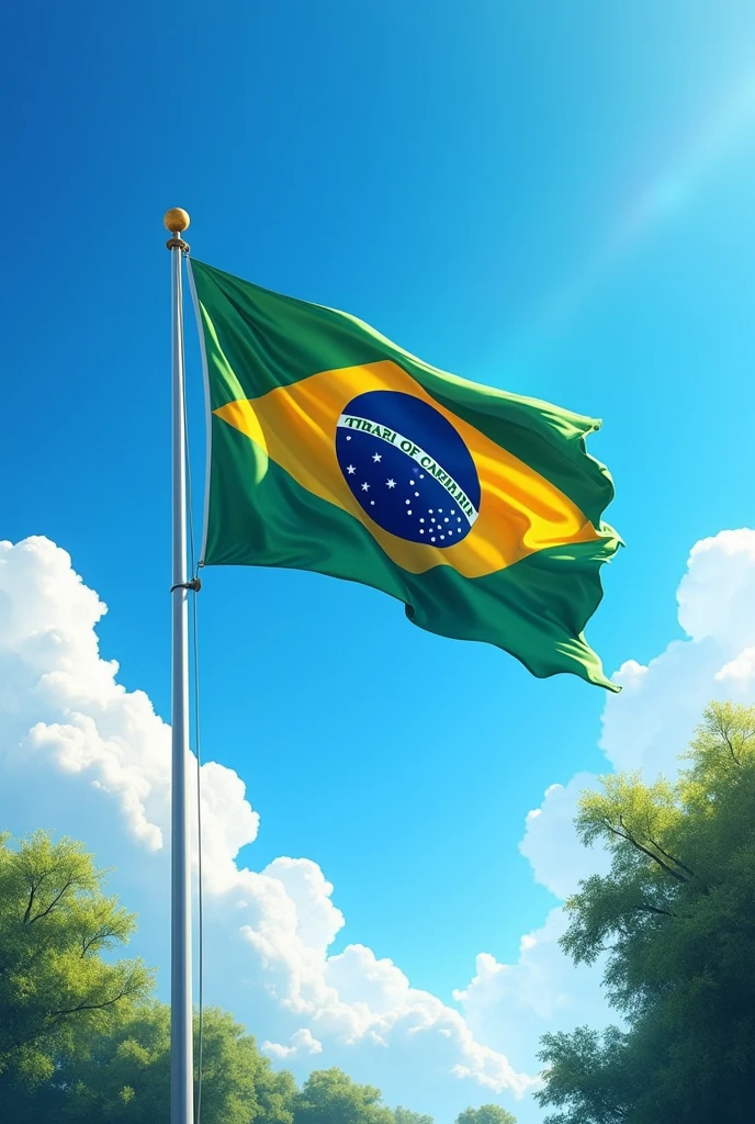 Create an image of the flag of the city of Camaçari, Bahia, Hasteada against a blue sky in the background.