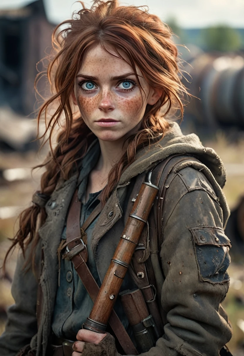 (Realistic, ultra detailed, modern analog style, photorealistic cute woman, chestnut hair, tattered outwear, post-apocalyptic, detailed face, beautiful eyes, (shy smile:0.7), freckles, holding a big staff, exhausted after another battle, dramatic, vibrant, sharp focus, looking directly to the camera, centered image, elegant, approaching perfection, hyper realystic, bokeh, cannon 6d, blured post-apocalyptic background