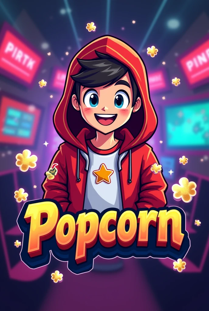 Create a mascot logo where the mascot is a gamer boy wearing a red and white hoodie with a popcorn design and underneath the letters of "popcorn"
