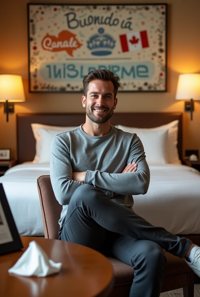 Homme caucasien grand de taille, charmant, un peu costaud, habillé en pantalon et tee-shirt manche longue, assis ou adossé sur une table dans une grande chambre d'hôtel et sur la table sur laquelle est assis ou adossé le charmant homme il faut qu'il y ait un papier mouchoir déjà utilisé sur la table et sur le lit de l'hôtel qu'il soit déposer un cadre photo grand ou moyen qu'il est possible de faire arrêter sur le lit et faire face à la caméra et sur le mur du chevet du lit un tableau sur lequel il est écrit en français : Bienvenue à Melbourne AUSTRALIE et autour de la phrase qu'il y ait les emblèmes du Canada Québec ou le drapeau du Canada Québec