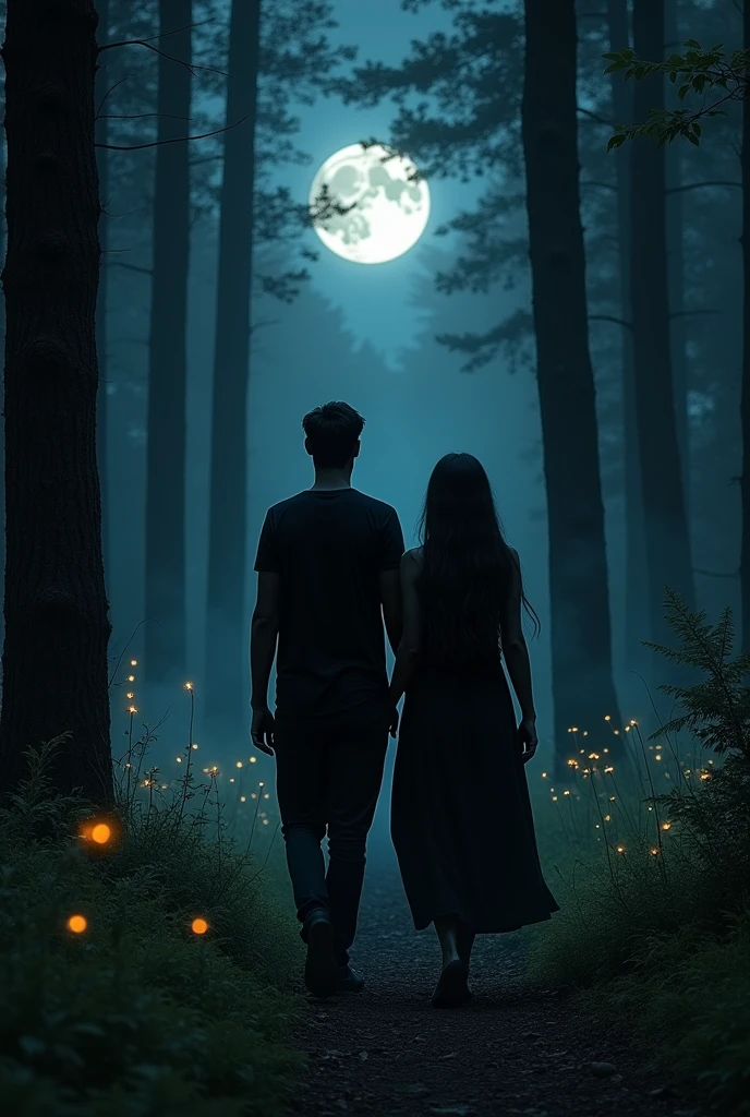 Woman with a dark-skinned man in the woods at night, black hair, face covered, slender body, black and loose clothing.