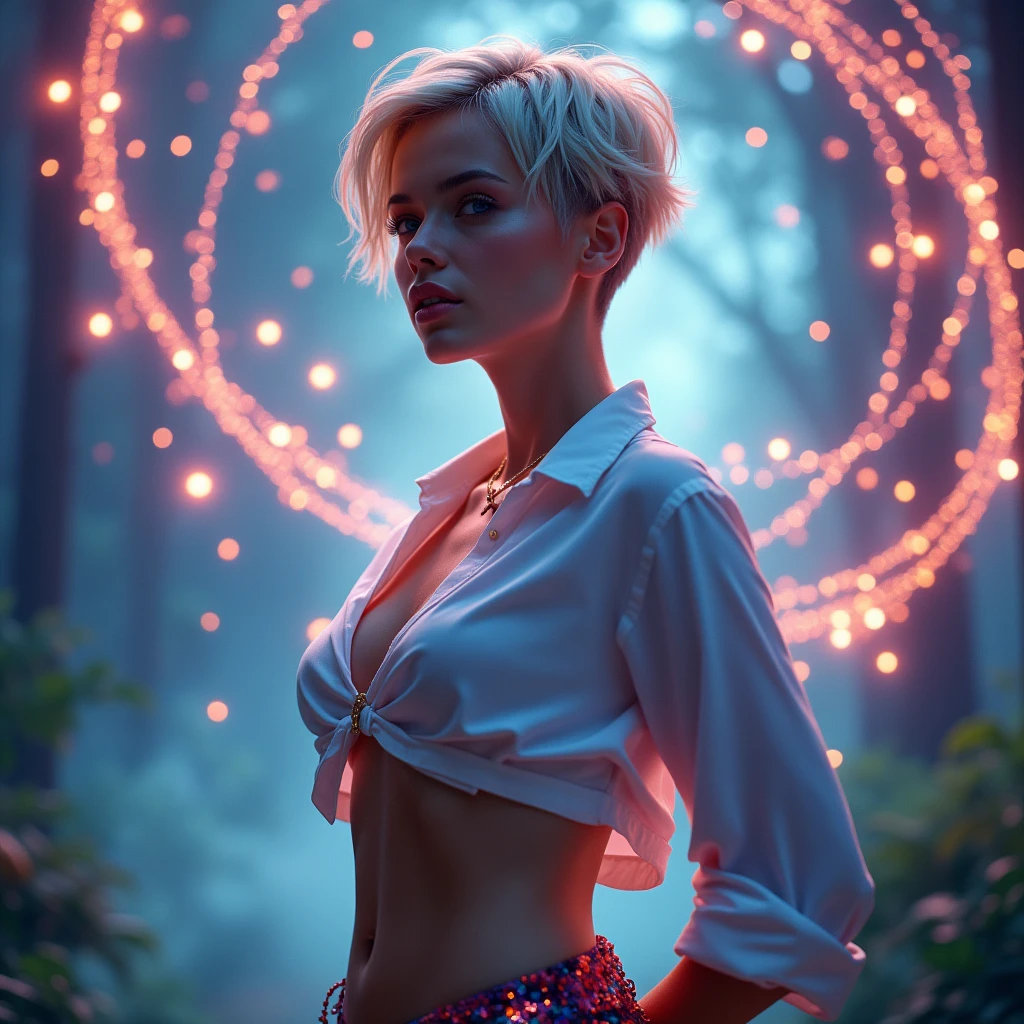 A woman with short blonde hair,lifted,resolucao 4k,Big boobs,cropped shirt, fantasy magic background,panties appearing.