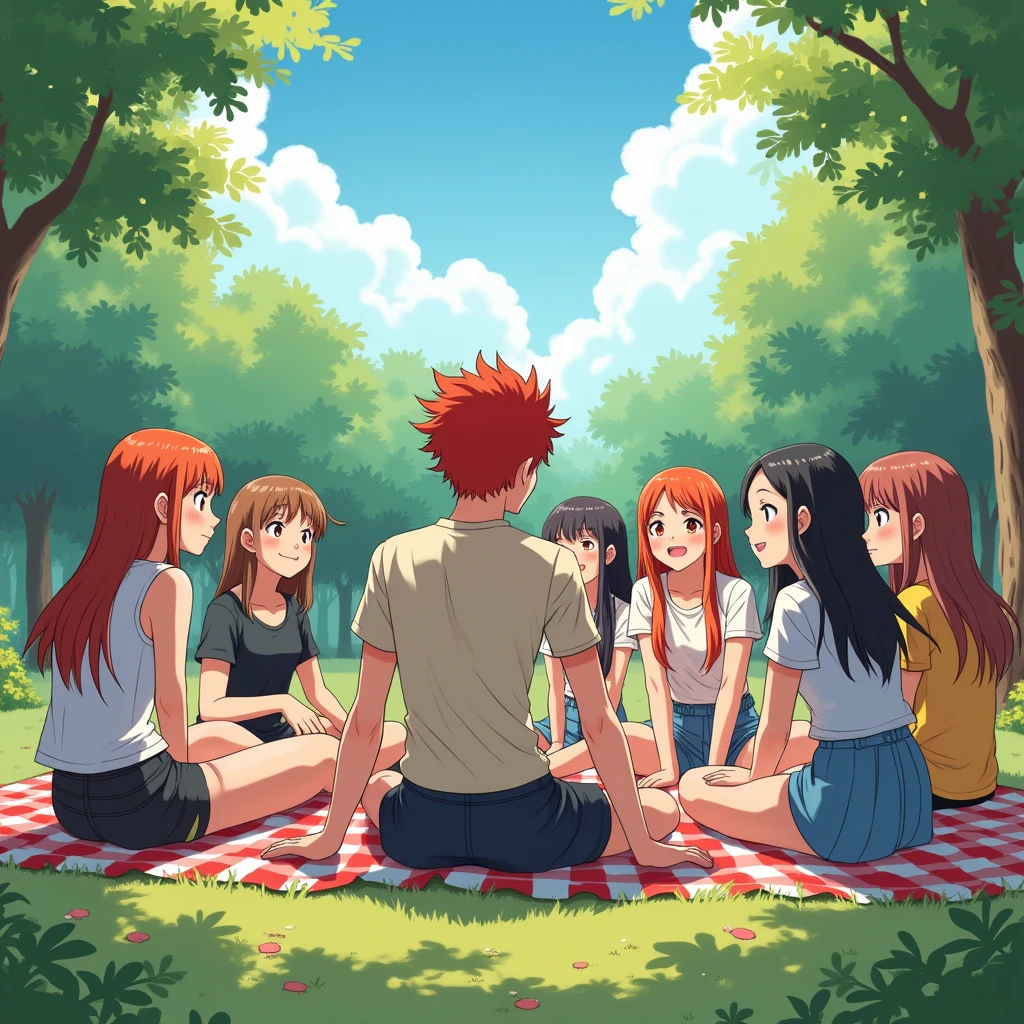 Anime Picnic. Where there are many people, about 10, and one guy with red hair. Merry company